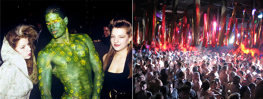 Costumed partygoers at The Roxy and its packed dance floor