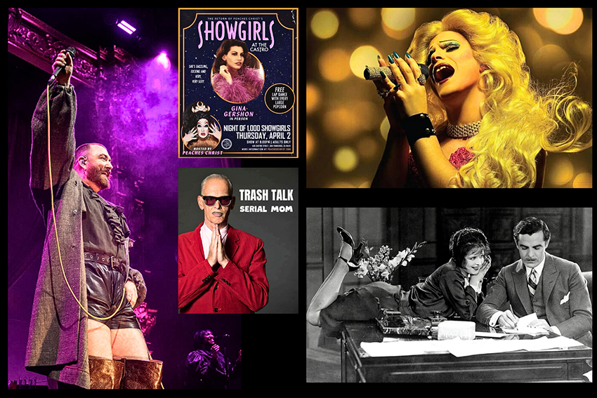 Sam Smith on stage holding a microphone and posters of Showgirls, Hedwig and the Angry Inch, Clara Bow's It, and a John Waters event presenting Serial Mom