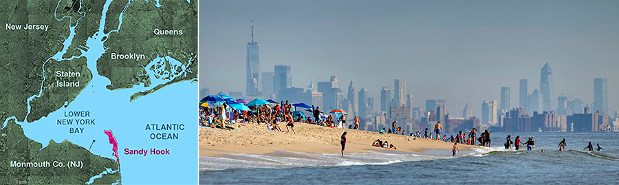 Map of Sandy Hook and photo of NYC skyline backdrop and beachgoers at Sandy Hook Beach