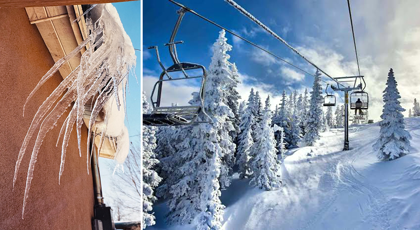 Enormous icicles dangling from a house and the snowy Santa Fe Ski Basin
