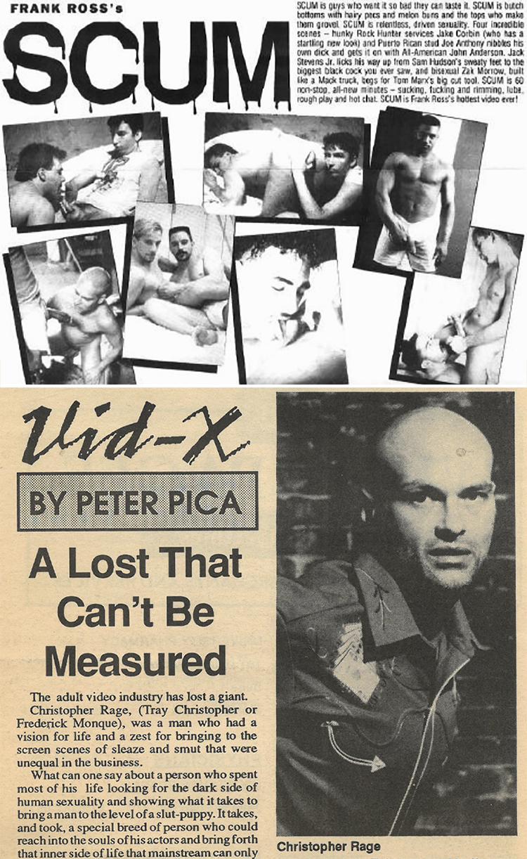 Ad for Frank Ross' 1991 Live Video production Scum (top); Chris Rage's obituary from a May 1991 gay paper