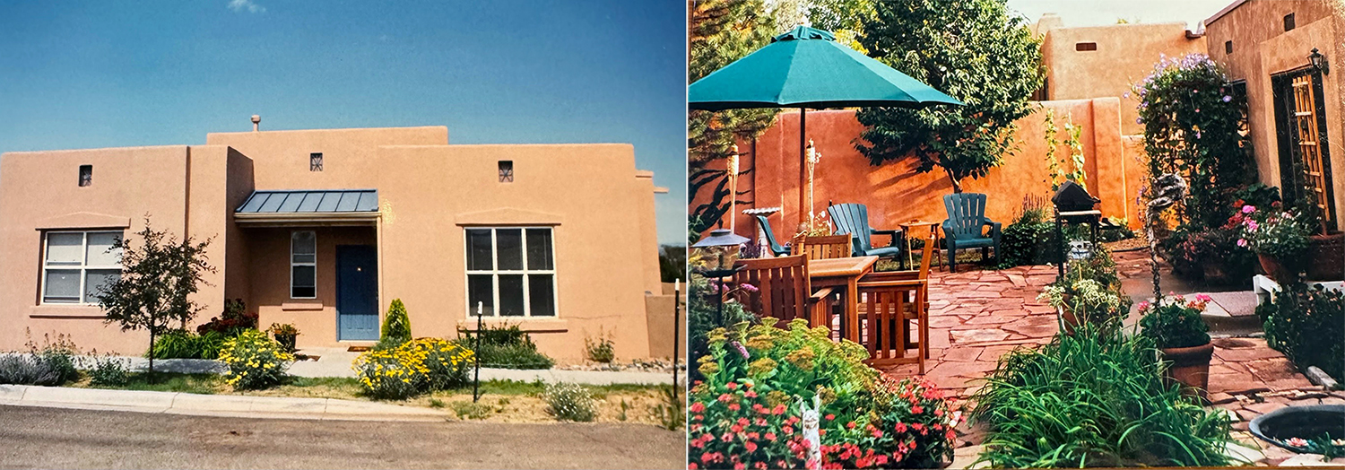 Exterior of adobe house and sunny colorful backyard garden