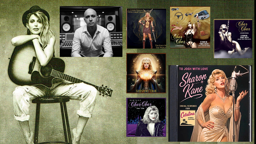 Present day Sharon posing with a guitar, Jimmy posed in a production studio, several of Sharon's Char Char musical album covers, cover of To Josh With Love album cover featuring Kane sporting a vintage Marilyn Monroe look before a microphone