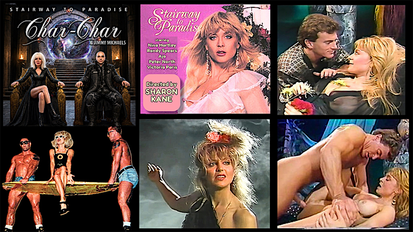 Sharon and Jimmy seated against black background on the Stairway to Paradise album cover with Char Char credit, stills of Nina Hartley and other co-stars in the 1991 Stairway to Paradise movie, Sharon being lifted by two muscular men while performing at an awards show