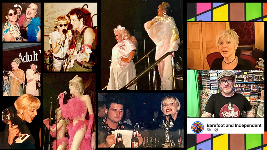 Several photos of Sharon Kane performing music live and holding trophies at awards shows, Sharon and host of Barefoot and Independent for her recent Youtube interview