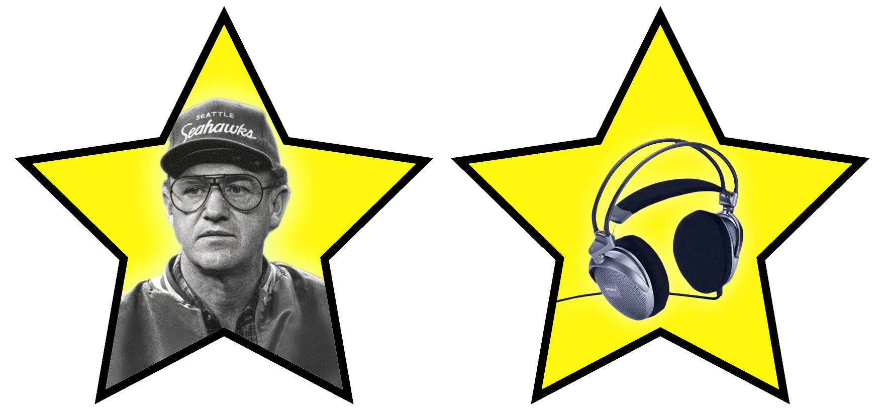 An early 2000s era pair of headphones and Gene Hackman inside stars