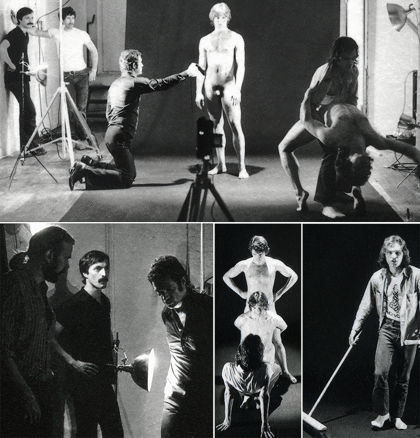 More on set photos while shooting The Night Before's choreographed dance sequence: Rage rehearsing with dancers Tim Clark and Jeffrey Etting, while Arch Brown, Frank Ross, Jack Deveau, and another man observe