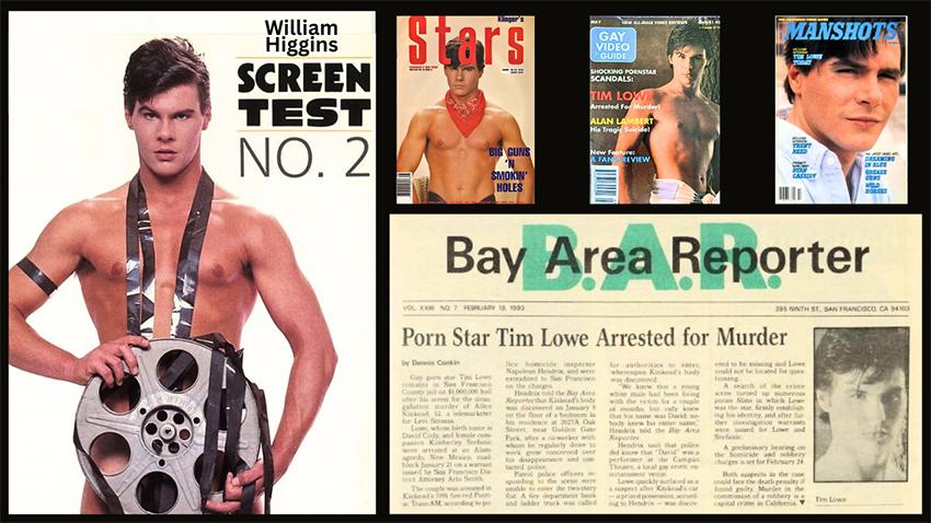 Tim Lowe on the cover of William Higgins' Screentest 2, on magazine covers, and featured in an article about his murder arrest