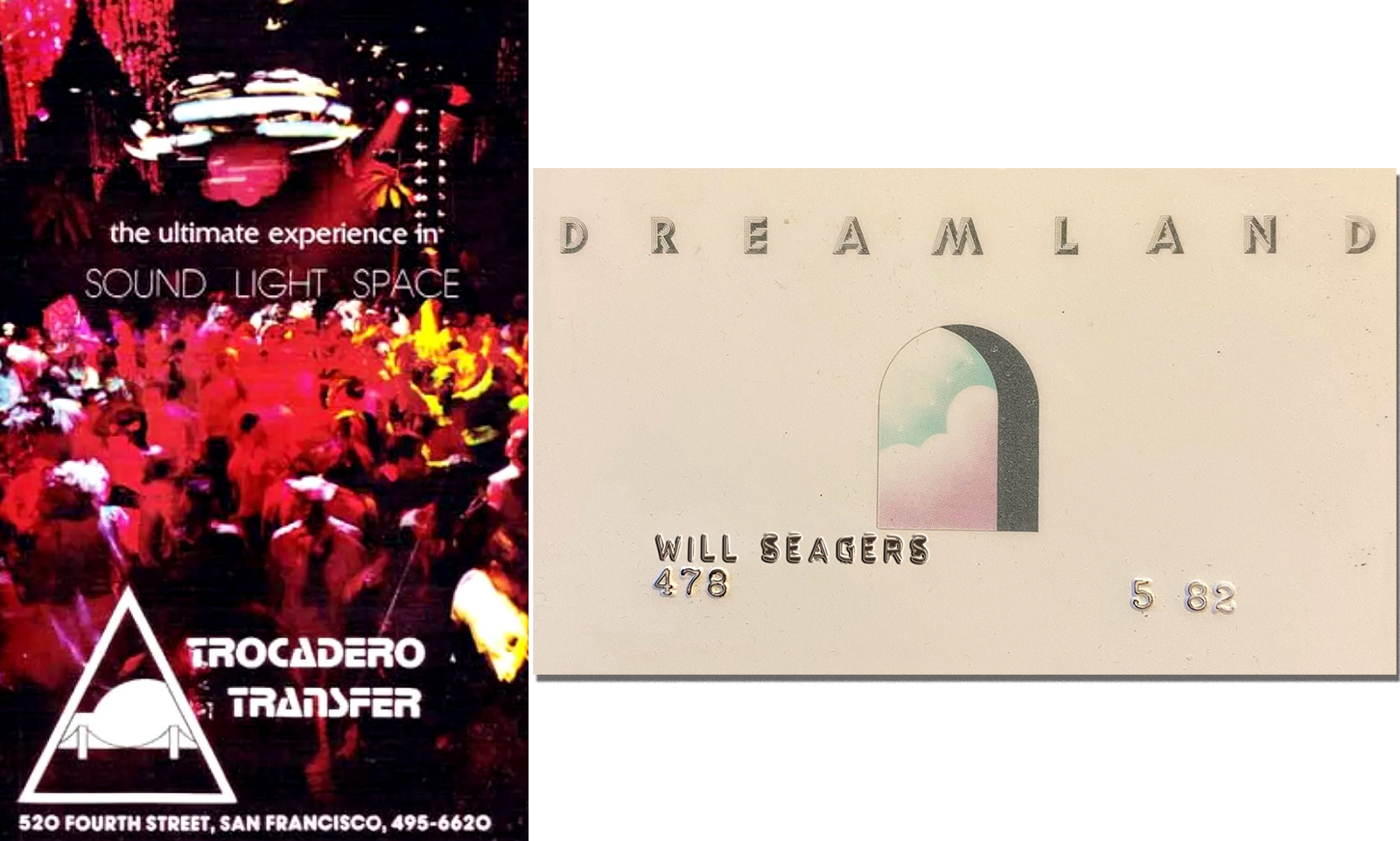 Trocadero Transfer ad (L); Will Seagers' Dreamland membership card (R)