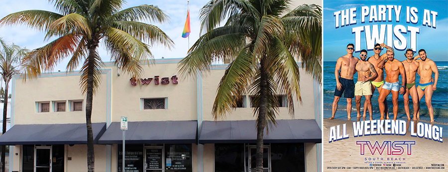 Exterior of Twist with palm trees and poster for Twist with several muscular men in Speedos on a beach
