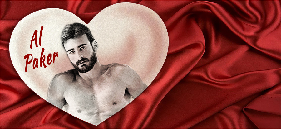 Red satin background with a heart with Al Parker's photo in it