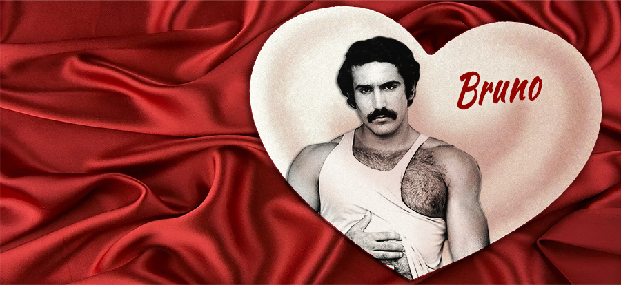 Red satin background with a heart with Bruno's photo in it