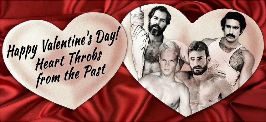 Red satin backdrop with two hearts, one with blog title and other with photos of Richard Locke, Jim Bentley, Al Parker, and Bruno