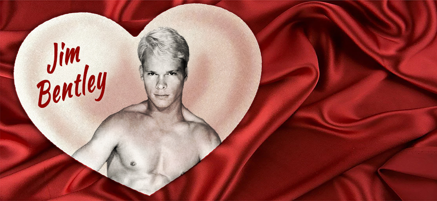 Red satin background with a heart with Jim Bentley's photo in it