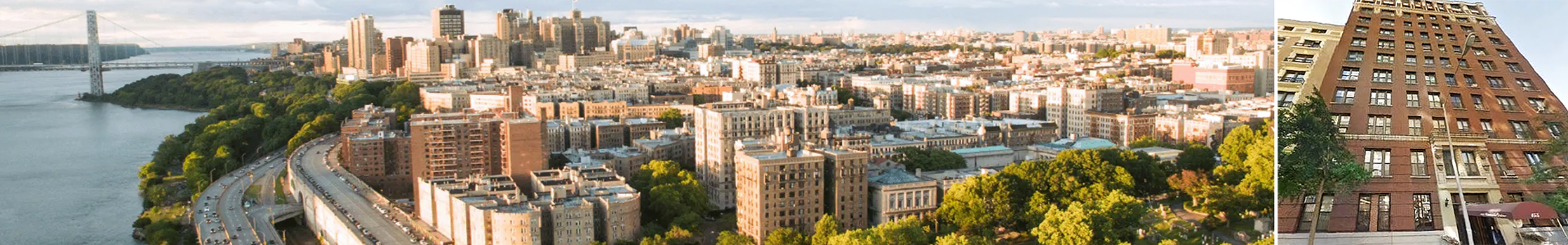 Washington heights aerial view and exterior of Riverside Drive apartment building