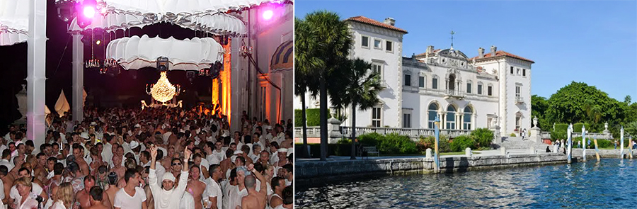 Large crowd wearing white on dancefloor beside exterior image of ornate Vizcaya Museum by the water