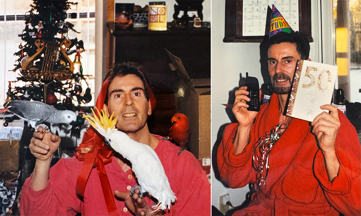 Will holding two birds and opening a present in front of a tree and a bearded Will holding a 50th birthday card
