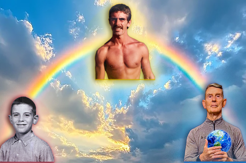 Rainbow with images superimposed on it, lower left of young Will, middle top of the arc of Will in his prime, lower right of Will present day