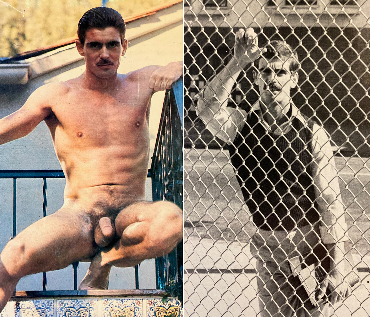 Will Seagers nude (L) and wearing a sweater-vest behind a chain-link fence (R)